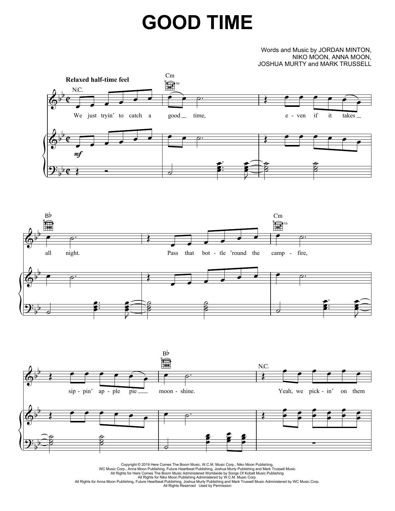 Download Niko Moon Good Time Sheet Music and learn how to play Piano, Vocal & Guitar Chords (Right-Hand Melody) PDF digital score in minutes