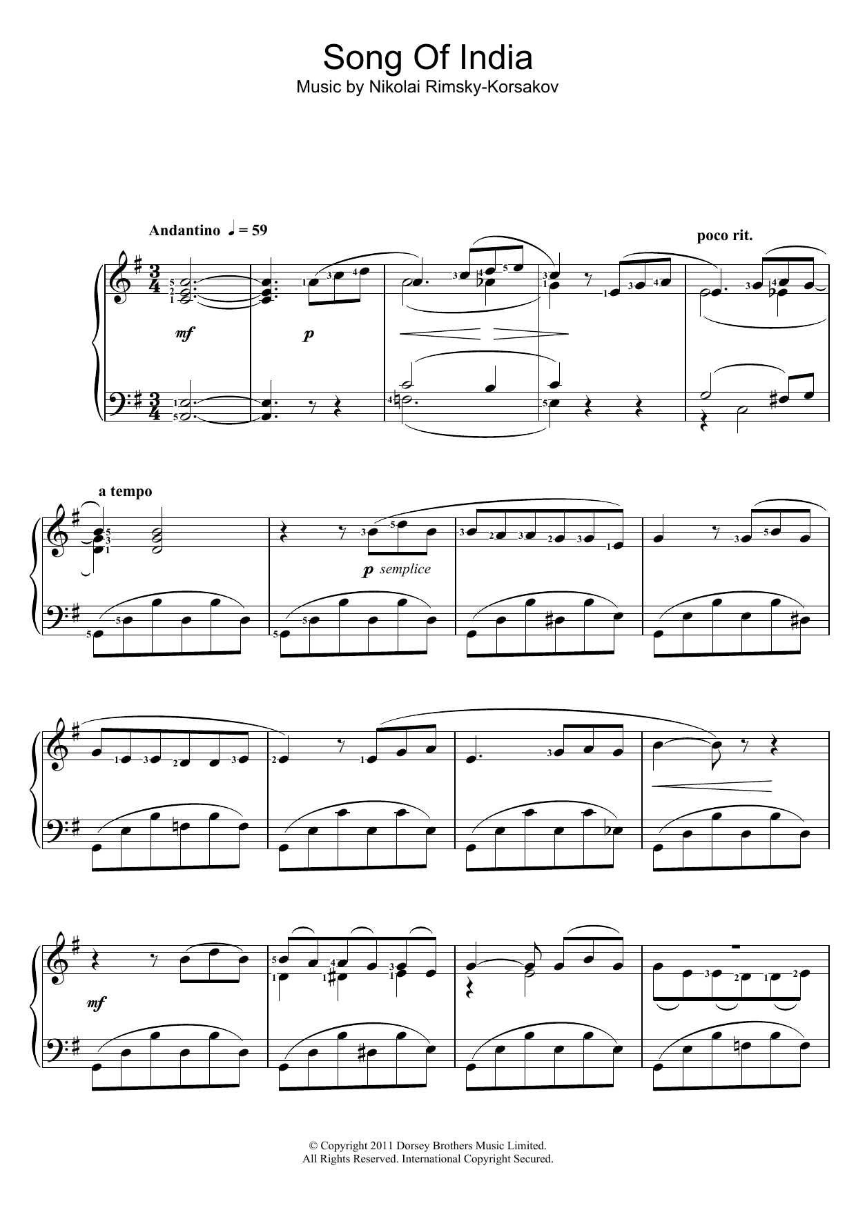 Download Nikolai Rimsky-Korsakov Song Of India Sheet Music and learn how to play Beginner Piano PDF digital score in minutes