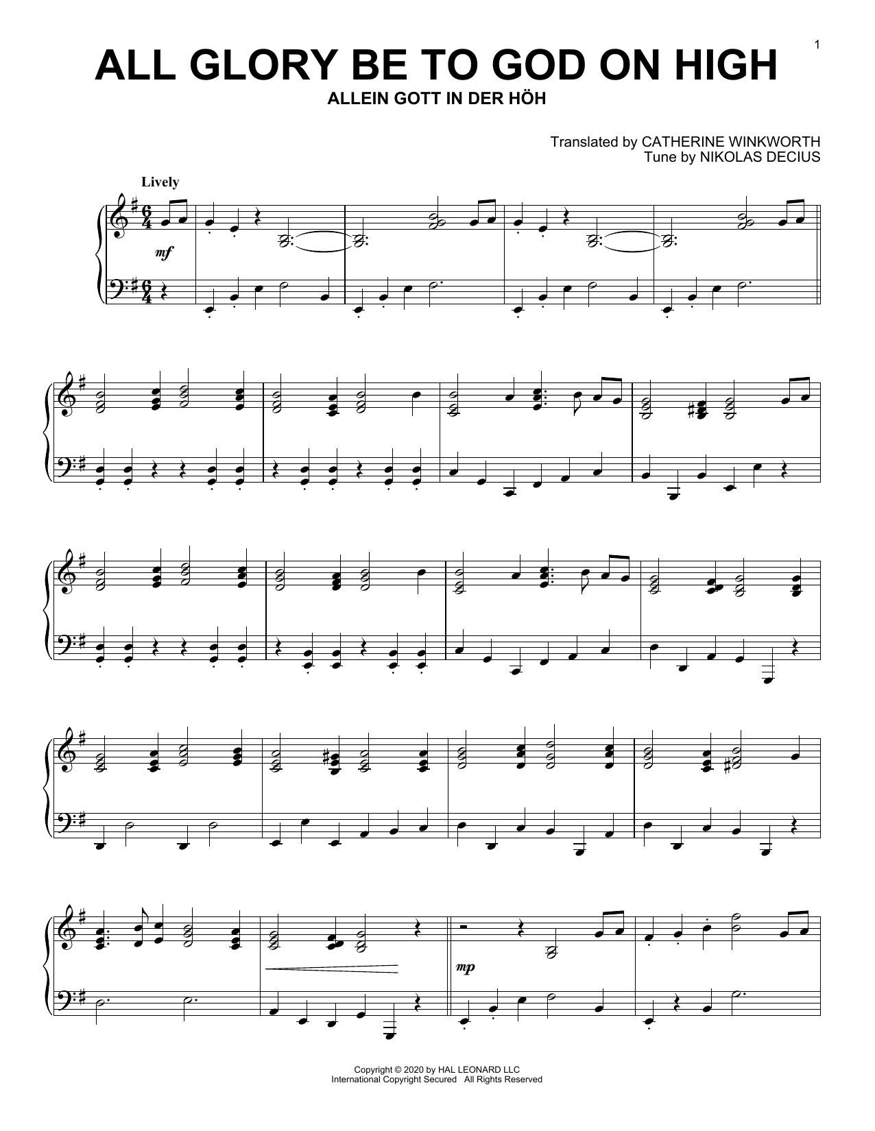 Download Nikolas Decius All Glory Be To God On High Sheet Music and learn how to play Piano Solo PDF digital score in minutes