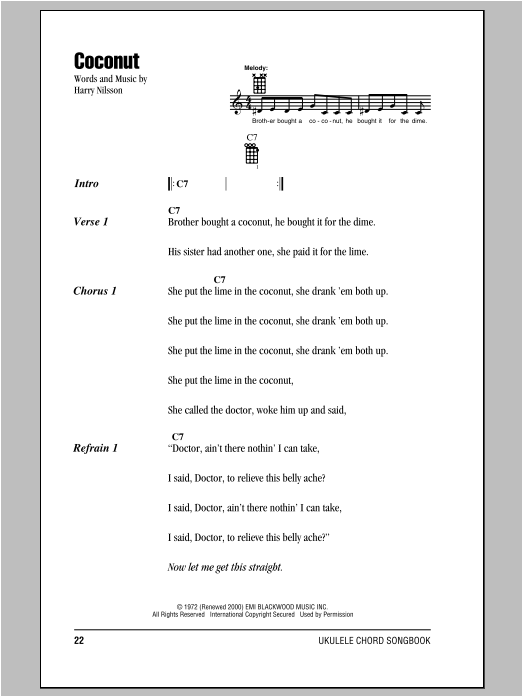 Download Nilsson Coconut Sheet Music and learn how to play Ukulele with strumming patterns PDF digital score in minutes
