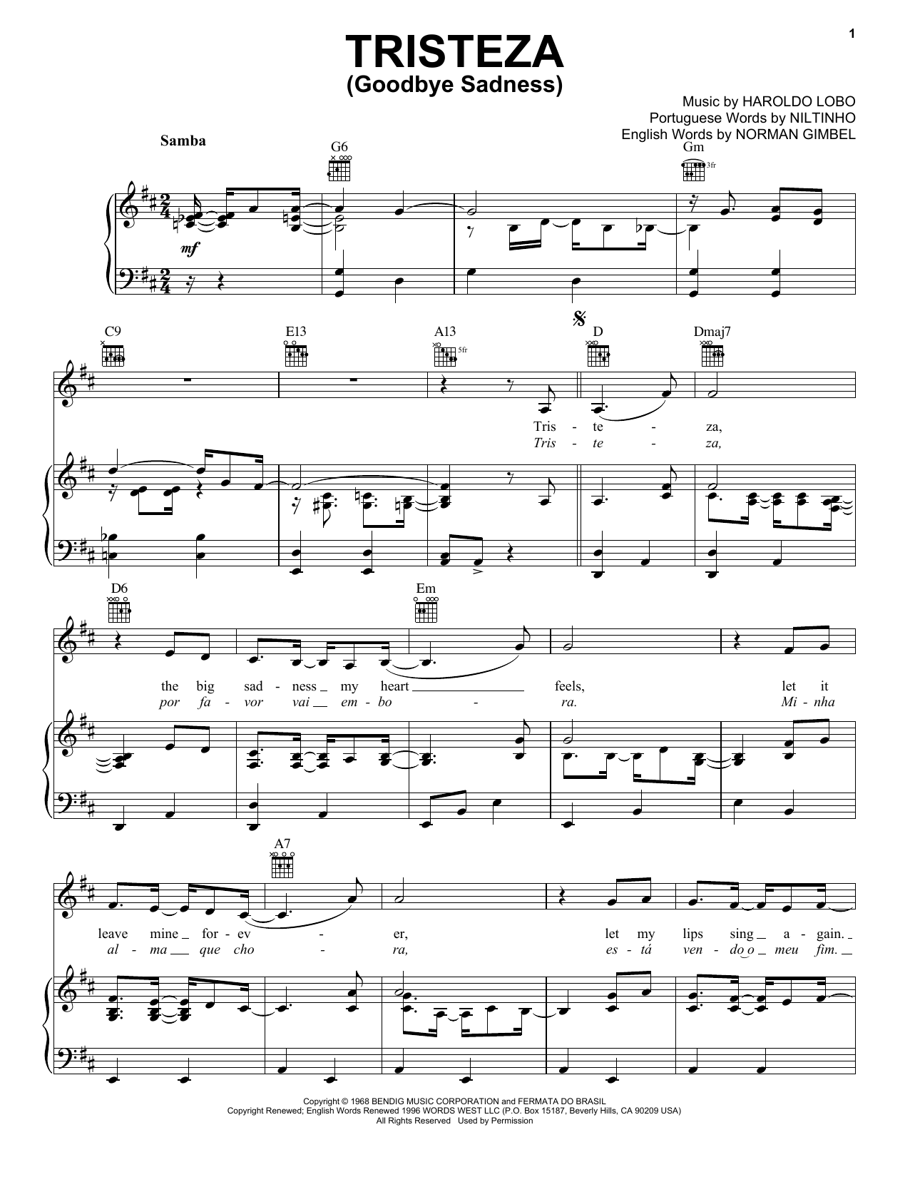Download Niltinho Tristeza (Goodbye Sadness) Sheet Music and learn how to play Piano, Vocal & Guitar (Right-Hand Melody) PDF digital score in minutes