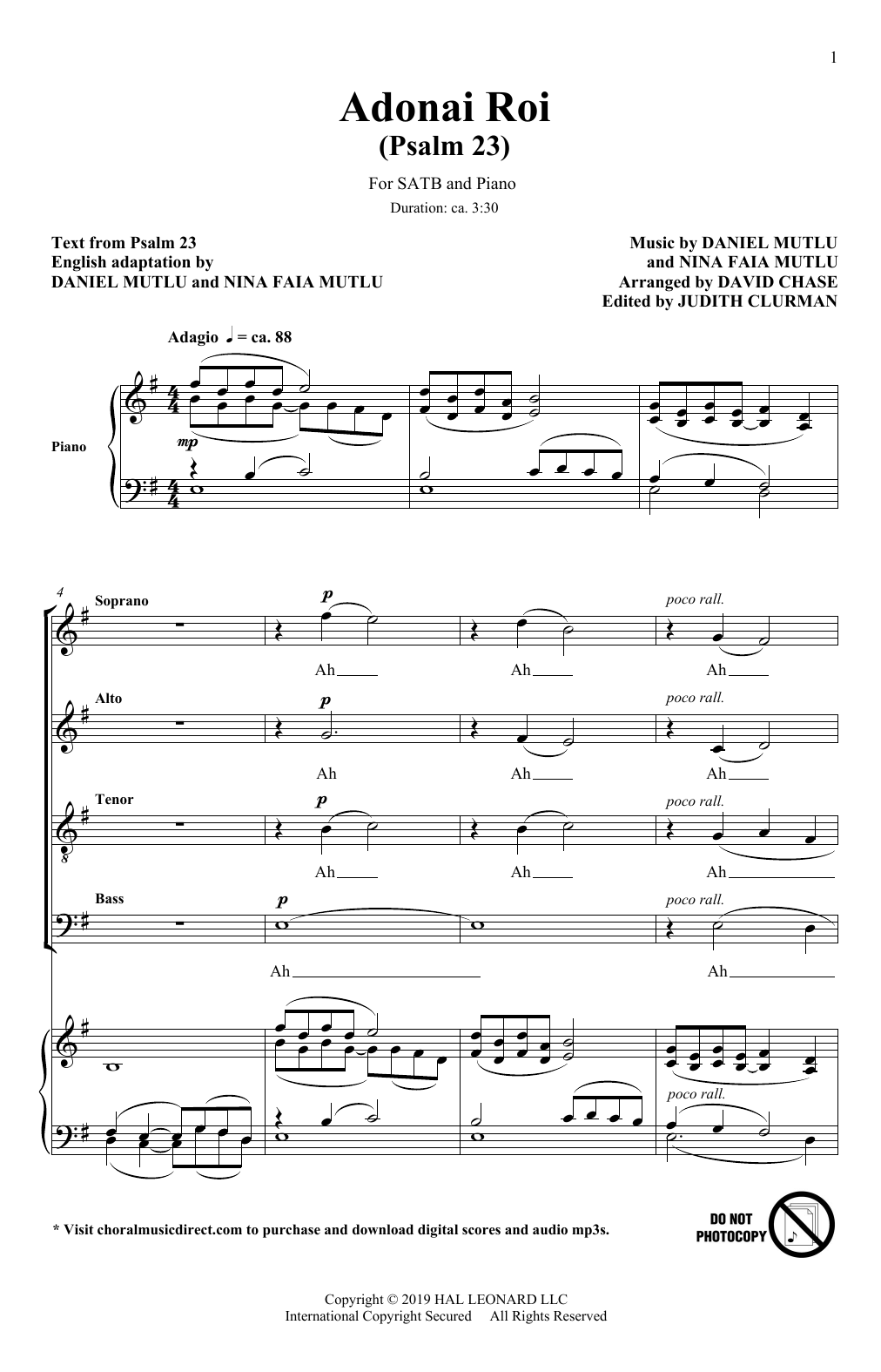 Download Nina Faia Mutlu and Daniel Mutlu Adonai Roi (Psalm 23) (Rejoice: Honoring the Jewish Spirit) (arr. David Chase) Sheet Music and learn how to play SATB Choir PDF digital score in minutes