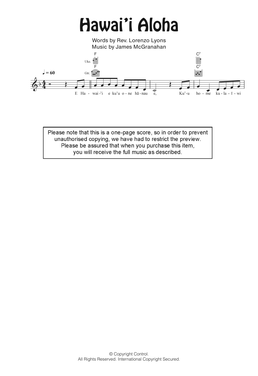 Download Nina Keali’iwahaman Hawai'i Aloha Sheet Music and learn how to play Ukulele PDF digital score in minutes