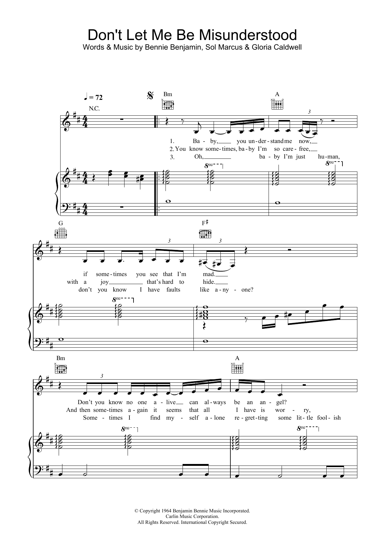 Download Nina Simone Don't Let Me Be Misunderstood Sheet Music and learn how to play Piano, Vocal & Guitar PDF digital score in minutes