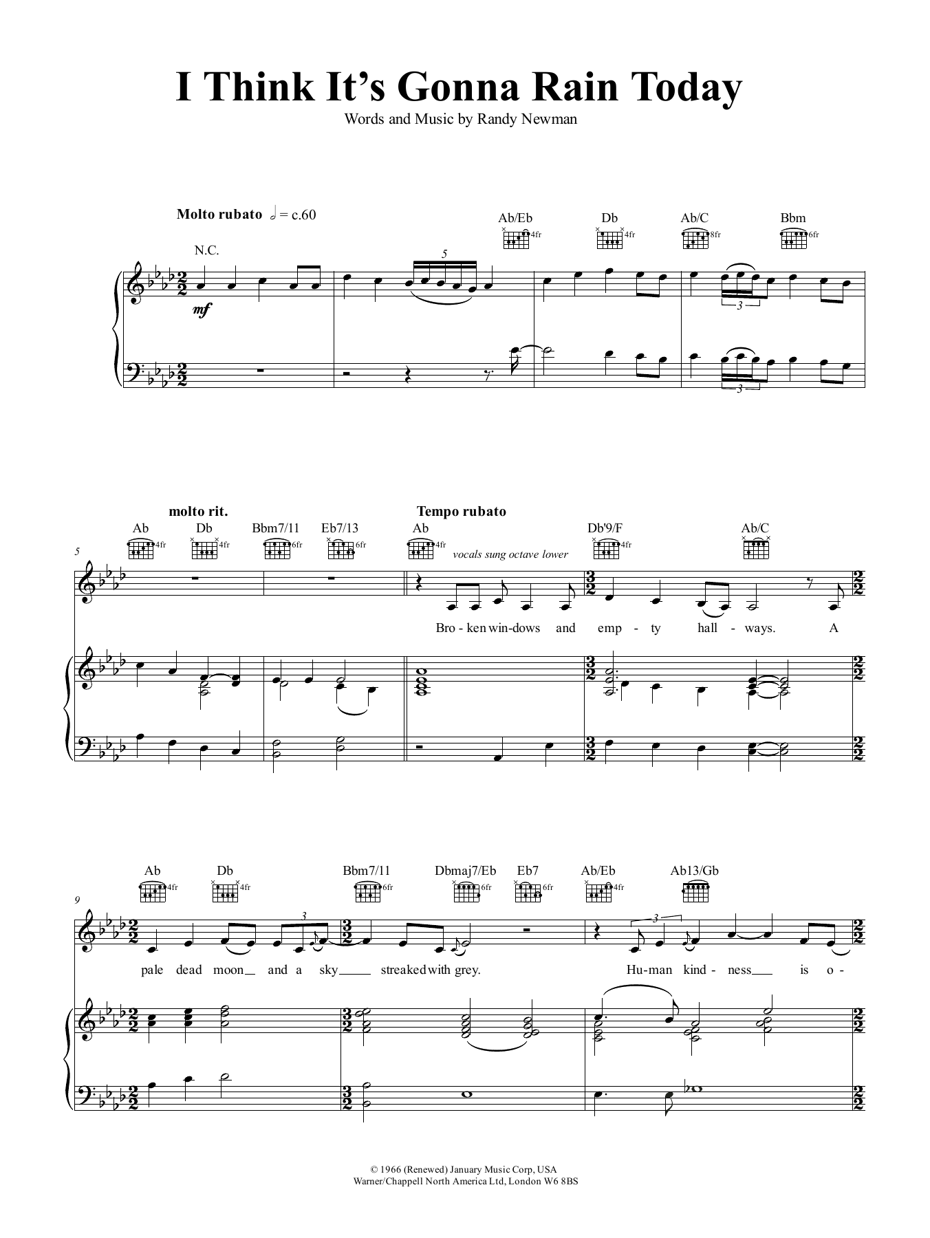 Download Nina Simone I Think It's Going To Rain Today Sheet Music and learn how to play Piano, Vocal & Guitar (Right-Hand Melody) PDF digital score in minutes