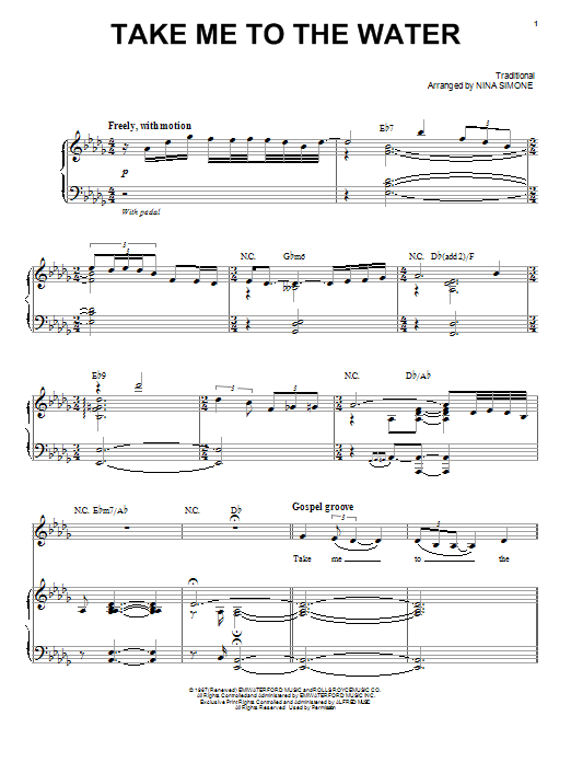 Download Nina Simone Take Me To The Water Sheet Music and learn how to play Piano & Vocal PDF digital score in minutes