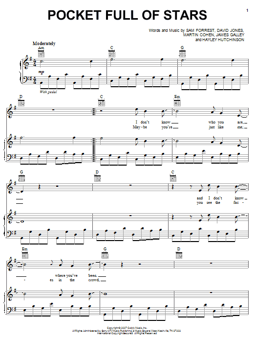 Download Nine Black Alps Pocket Full Of Stars Sheet Music and learn how to play Piano, Vocal & Guitar (Right-Hand Melody) PDF digital score in minutes