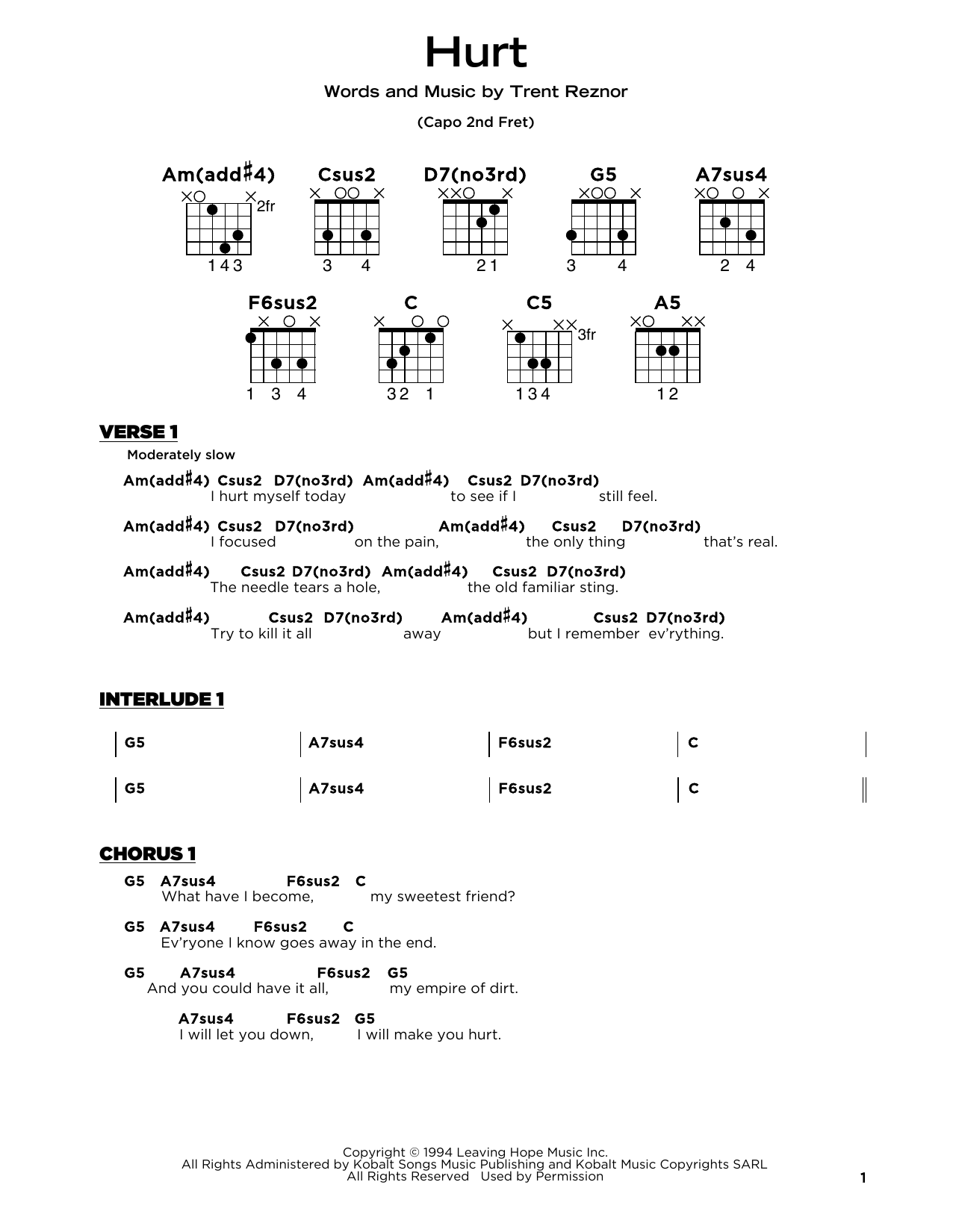 Download Nine Inch Nails Hurt Sheet Music and learn how to play Lyrics & Chords PDF digital score in minutes