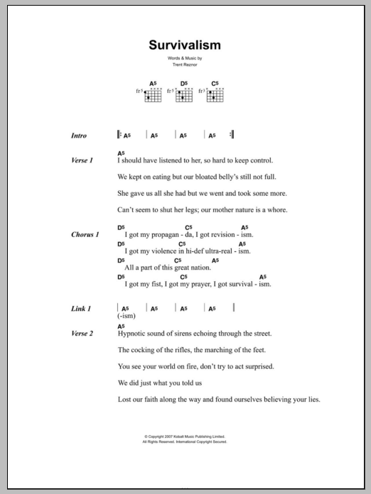 Download Nine Inch Nails Survivalism Sheet Music and learn how to play Lyrics & Chords PDF digital score in minutes