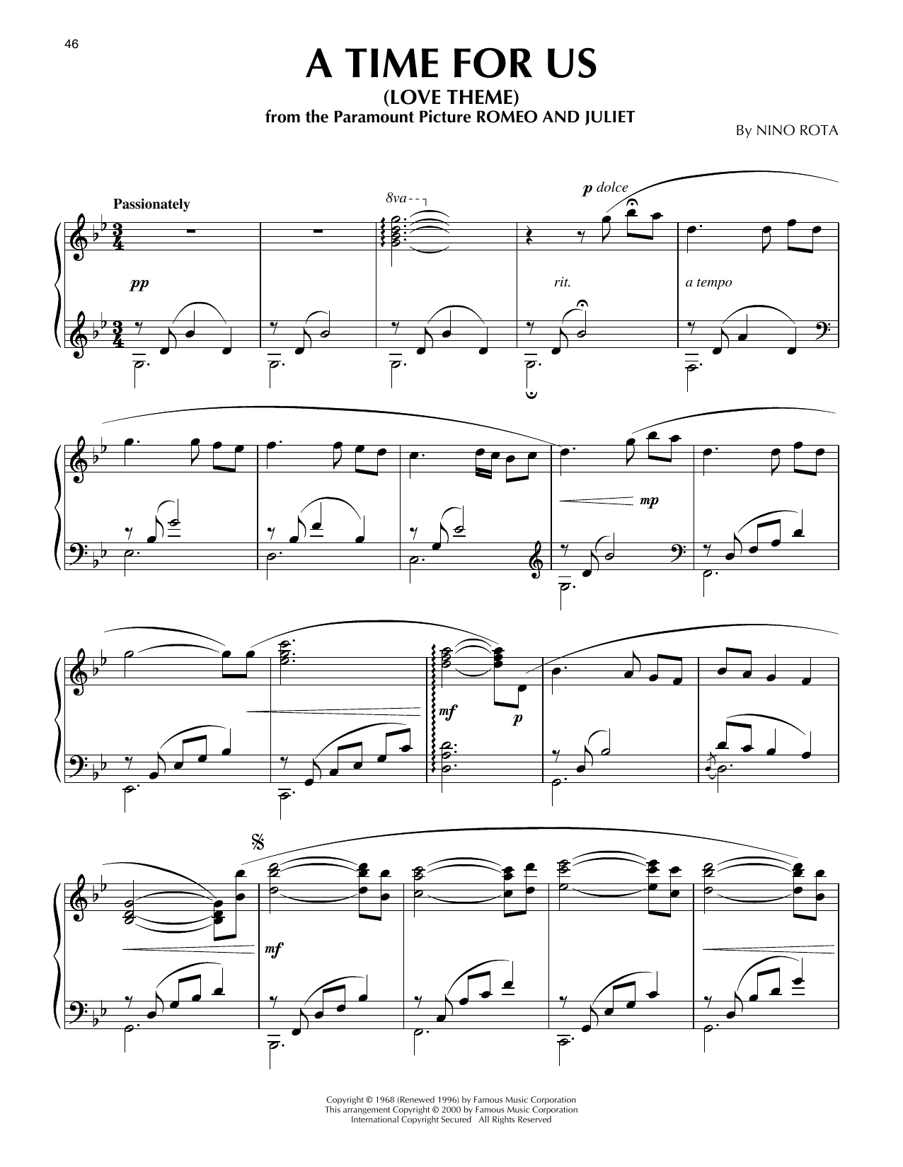 Download Nino Rota A Time For Us (Love Theme) (from Romeo And Juliet) (arr. Phillip Keveren) Sheet Music and learn how to play Piano Solo PDF digital score in minutes