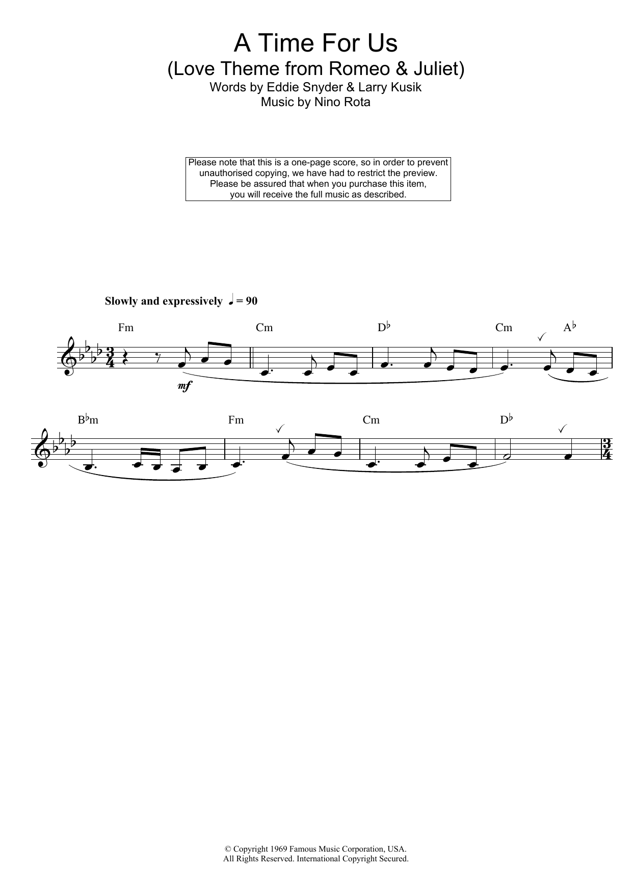 Download Nino Rota A Time For Us (Love Theme from Romeo and Juliet) Sheet Music and learn how to play Piano Chords/Lyrics PDF digital score in minutes