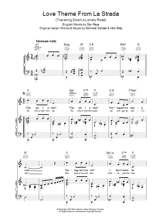 Download Perry Como Love Theme (from La Strada) Sheet Music and learn how to play Piano, Vocal & Guitar (Right-Hand Melody) PDF digital score in minutes