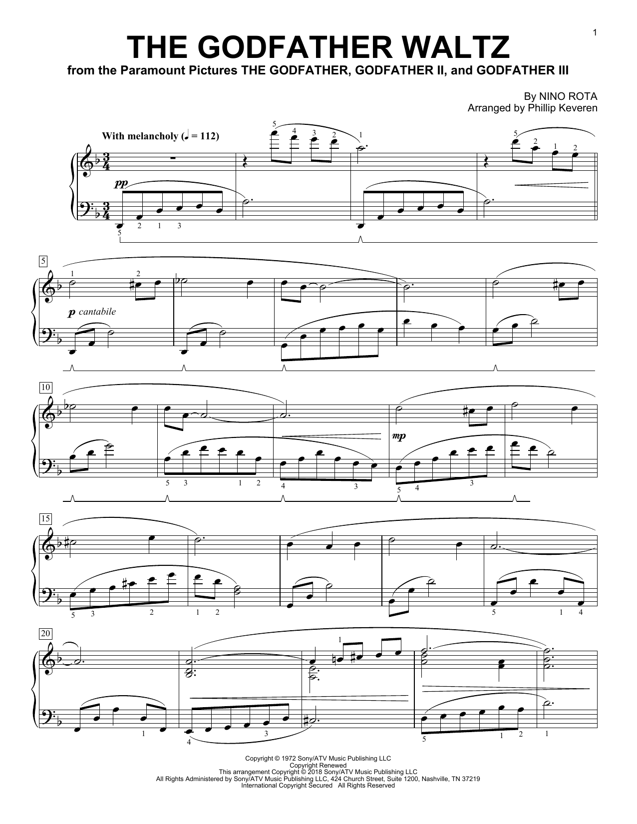 Download Phillip Keveren The Godfather Waltz Sheet Music and learn how to play Piano PDF digital score in minutes