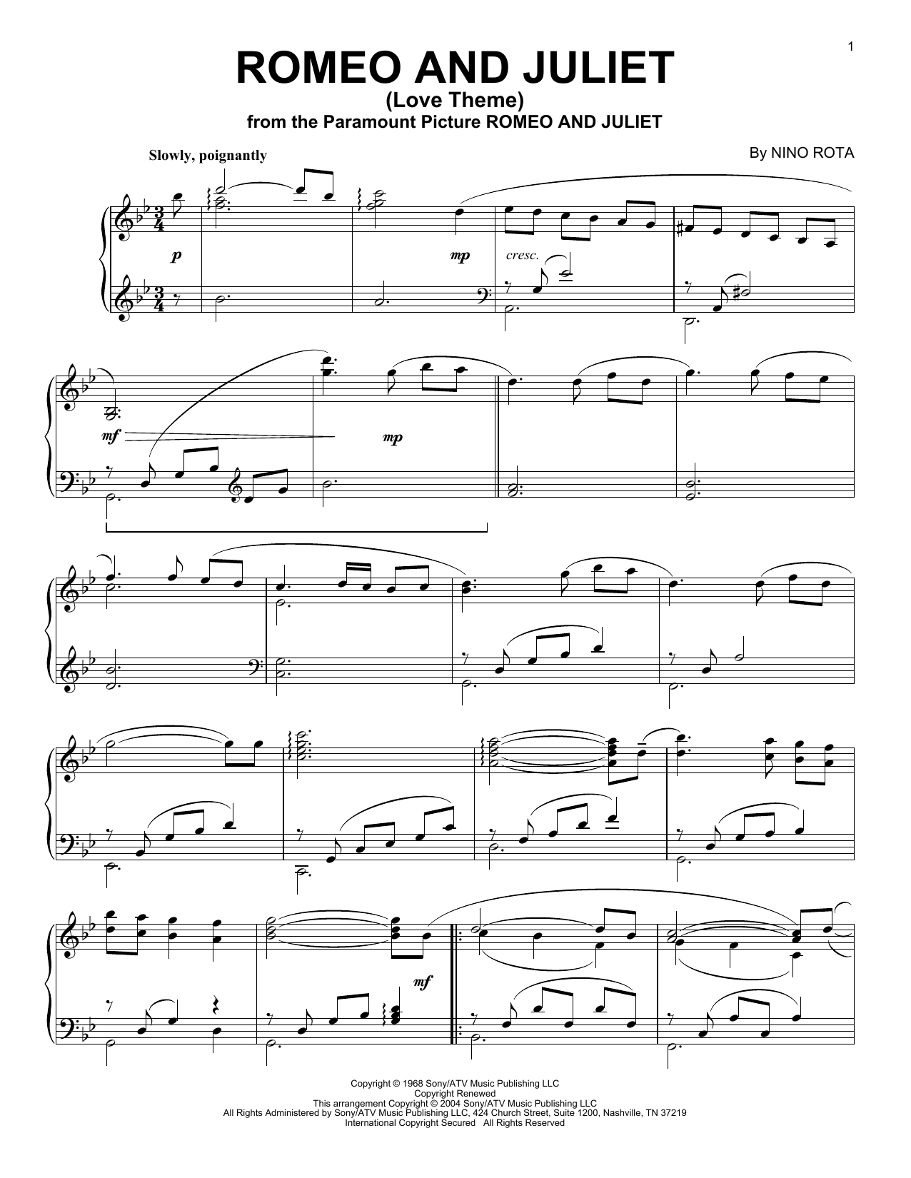 Nino Rota Romeo And Juliet Love Theme Sheet Music Notes Download 