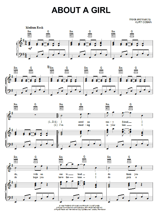 Download Nirvana About A Girl Sheet Music and learn how to play Piano, Vocal & Guitar (Right-Hand Melody) PDF digital score in minutes