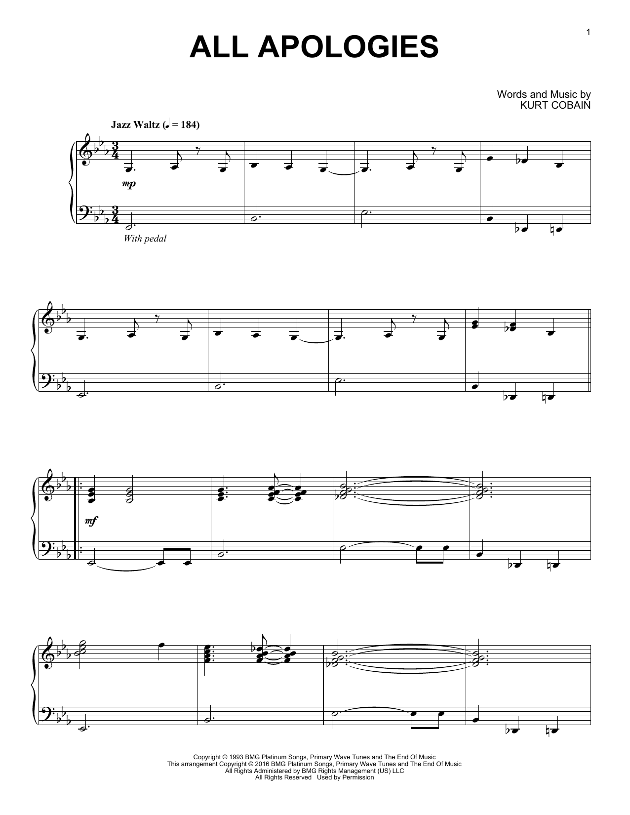 Download Nirvana All Apologies Sheet Music and learn how to play Piano PDF digital score in minutes