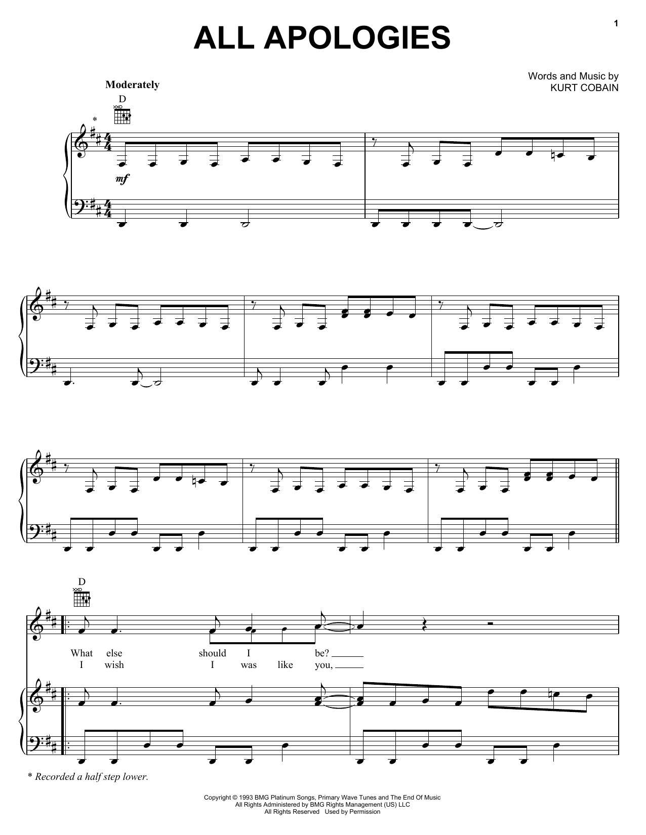 Download Nirvana All Apologies Sheet Music and learn how to play Piano, Vocal & Guitar (Right-Hand Melody) PDF digital score in minutes