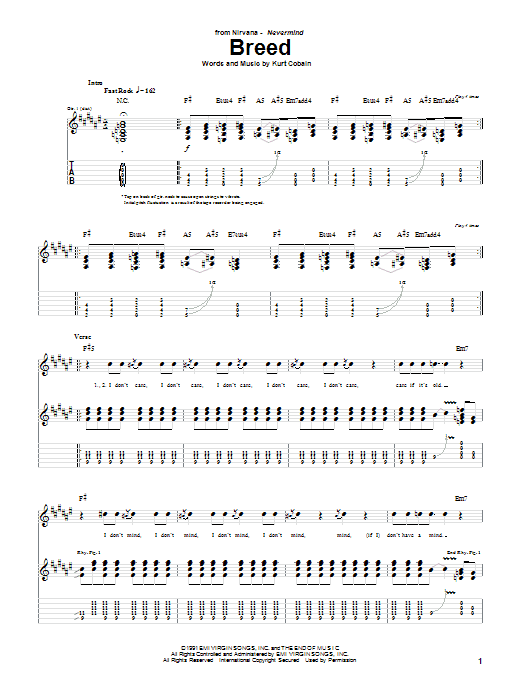 Download Nirvana Breed Sheet Music and learn how to play Guitar Tab PDF digital score in minutes