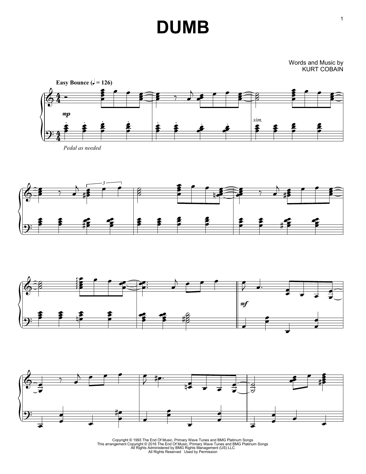 Download Nirvana Dumb Sheet Music and learn how to play Piano PDF digital score in minutes