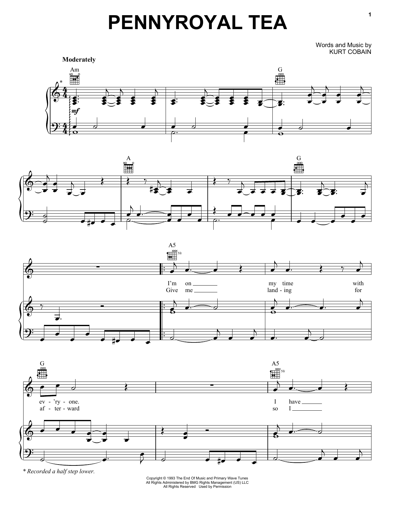 Download Nirvana Penny Royal Tea Sheet Music and learn how to play Piano, Vocal & Guitar (Right-Hand Melody) PDF digital score in minutes