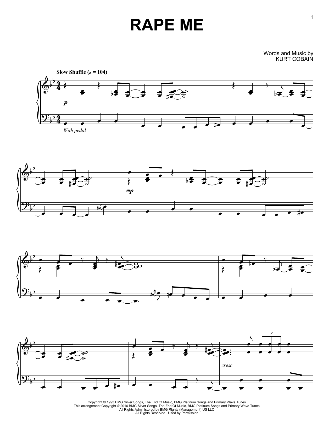 Download Nirvana Rape Me Sheet Music and learn how to play Piano PDF digital score in minutes