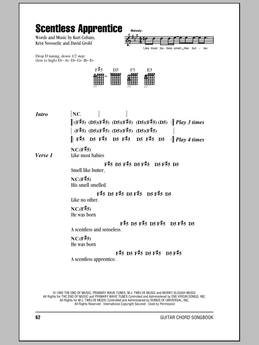 Download Nirvana Scentless Apprentice Sheet Music and learn how to play Piano, Vocal & Guitar Chords (Right-Hand Melody) PDF digital score in minutes