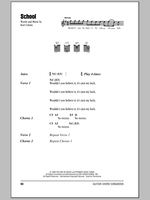 Download Nirvana School Sheet Music and learn how to play Lyrics & Chords PDF digital score in minutes