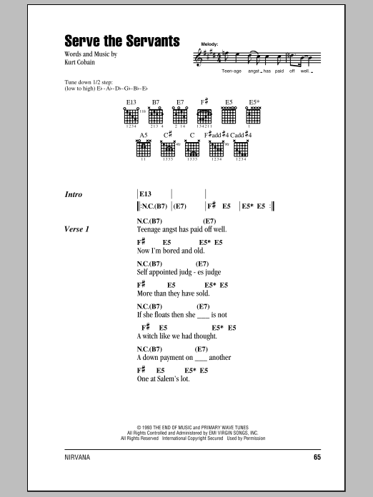 Download Nirvana Serve The Servants Sheet Music and learn how to play Lyrics & Chords PDF digital score in minutes