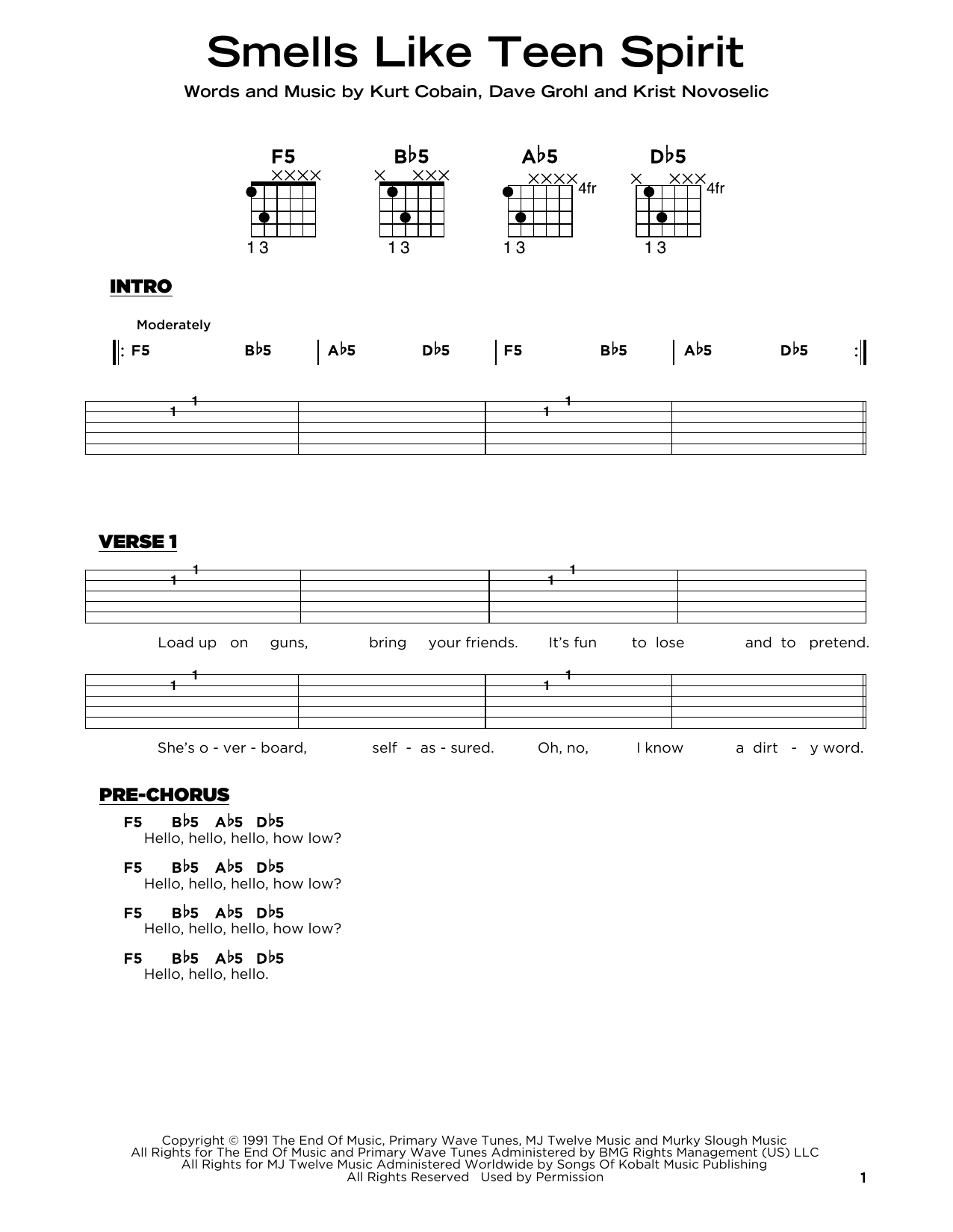 Download Nirvana Smells Like Teen Spirit Sheet Music and learn how to play Really Easy Guitar PDF digital score in minutes