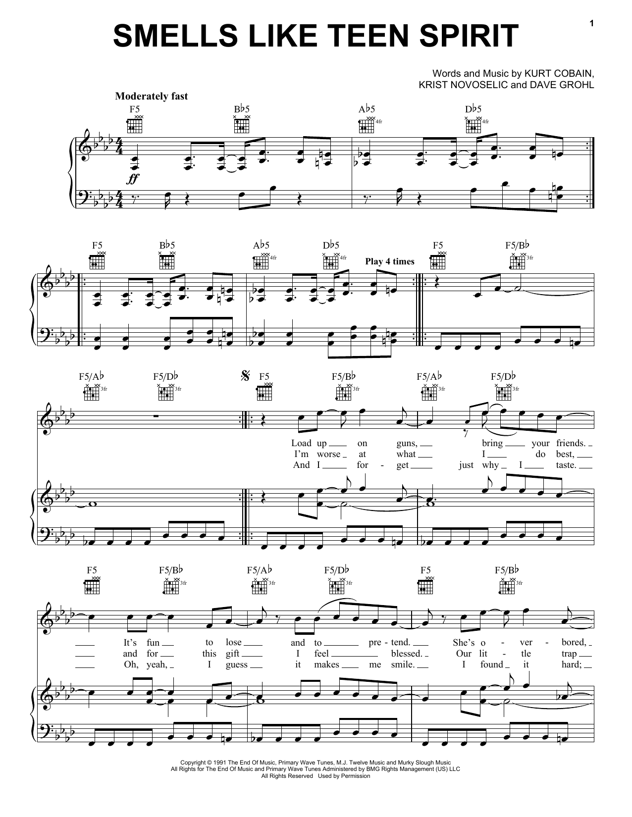 Download Nirvana Sheet Music and learn how to play Piano, Vocal & Guitar (Right-Hand Melody) PDF score in minutes