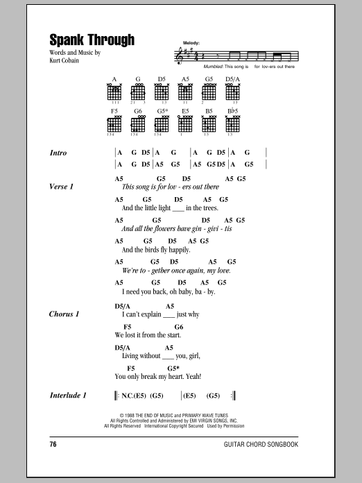 Download Nirvana Spank Through Sheet Music and learn how to play Lyrics & Chords PDF digital score in minutes