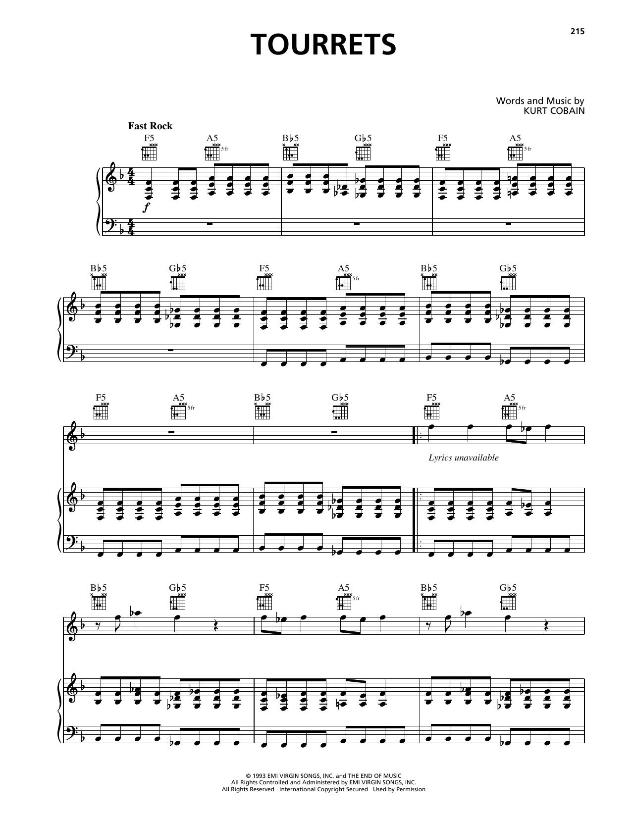 Download Nirvana Tourette's Sheet Music and learn how to play Piano, Vocal & Guitar Chords (Right-Hand Melody) PDF digital score in minutes