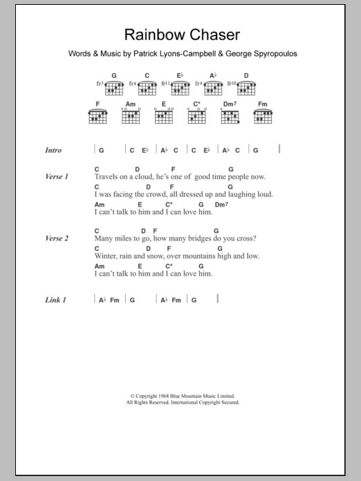 Download Nirvana (UK) Rainbow Chaser Sheet Music and learn how to play Lyrics & Chords PDF digital score in minutes