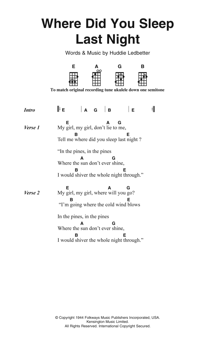 Download Nirvana Where Did You Sleep Last Night Sheet Music and learn how to play Piano, Vocal & Guitar Chords (Right-Hand Melody) PDF digital score in minutes