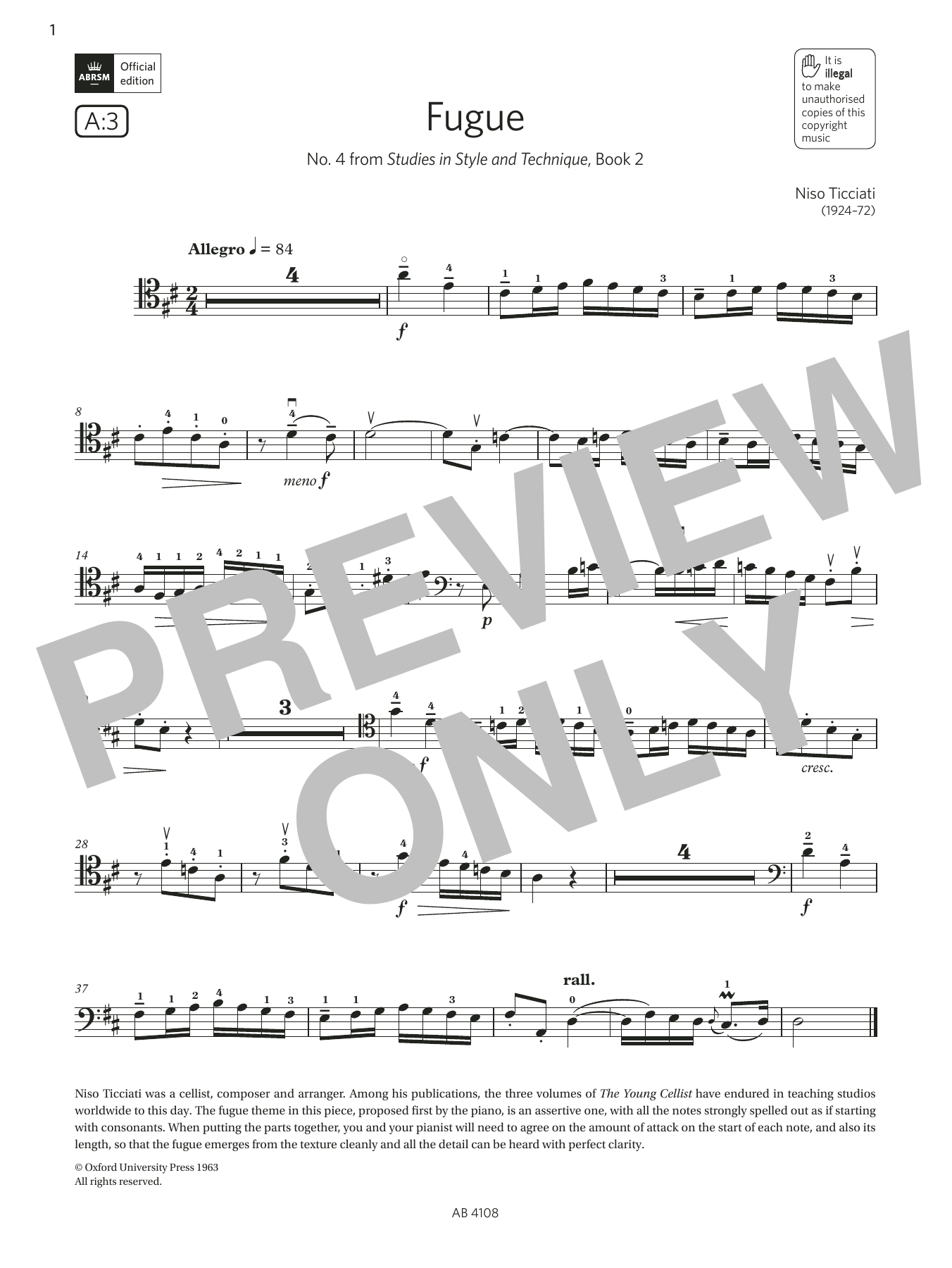 Download Niso Ticciati Fugue (Grade 5, A3, from the ABRSM Cello Syllabus from 2024) Sheet Music and learn how to play Cello Solo PDF digital score in minutes
