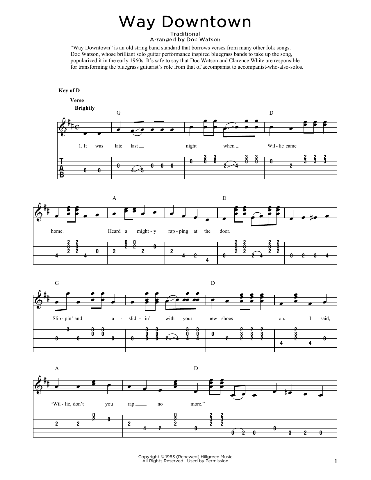 Download Nitty Gritty Dirt Band & Doc Watson Way Downtown (arr. Fred Sokolow) Sheet Music and learn how to play Solo Guitar PDF digital score in minutes