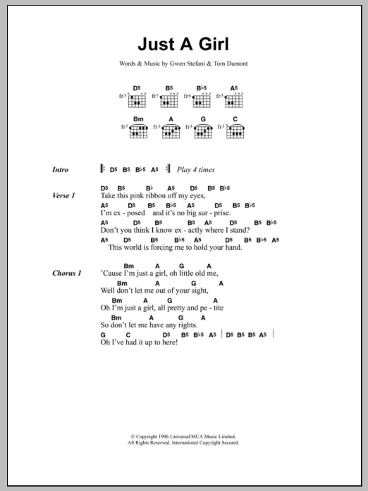 Download No Doubt Just A Girl Sheet Music and learn how to play Easy Guitar Tab PDF digital score in minutes