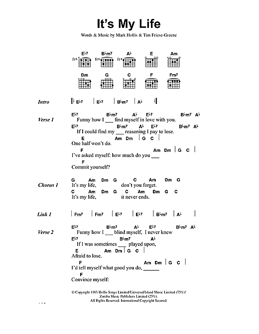 No Doubt It S My Life Sheet Music Notes Chords Bass Guitar Tab Download Rock 742 Pdf