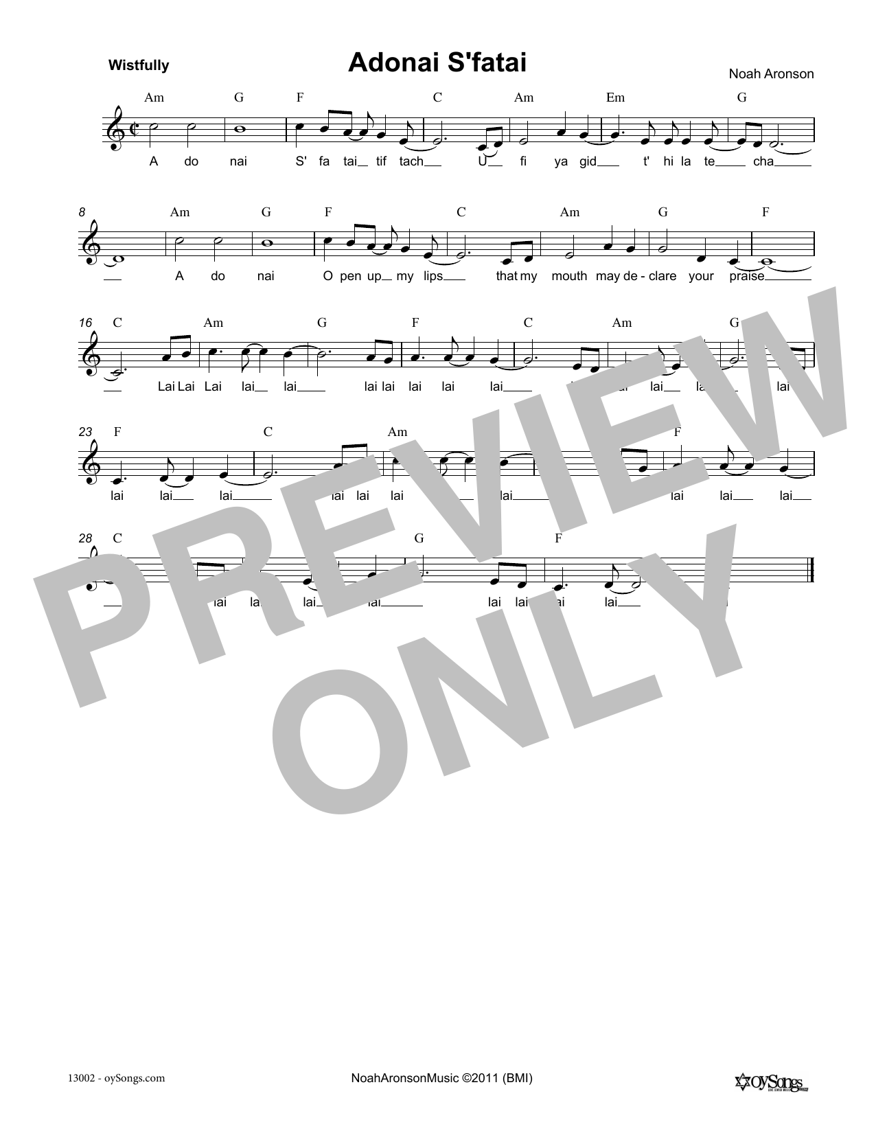 Download Noah Aronson Adonai S'fatai Sheet Music and learn how to play Melody Line, Lyrics & Chords PDF digital score in minutes
