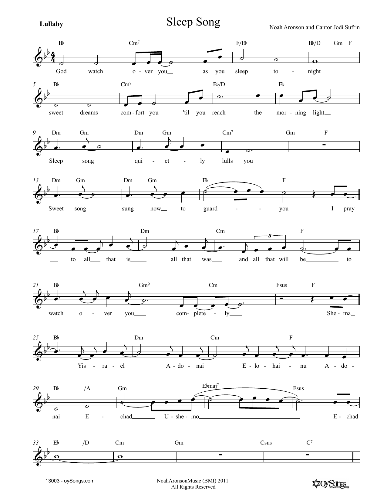 Download Noah Aronson Sleep Song Sheet Music and learn how to play Melody Line, Lyrics & Chords PDF digital score in minutes