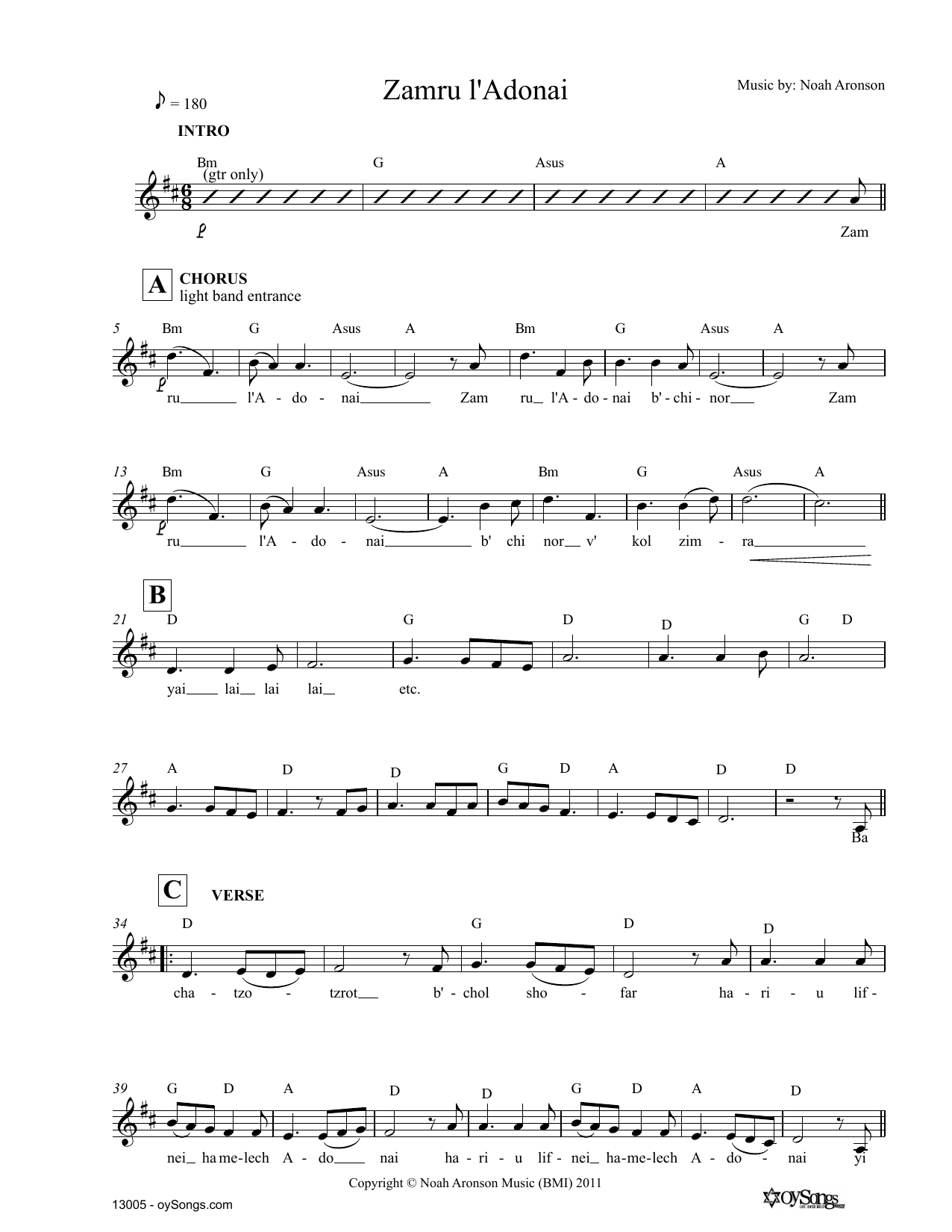 Download Noah Aronson Zamru l'Adonai Sheet Music and learn how to play Melody Line, Lyrics & Chords PDF digital score in minutes