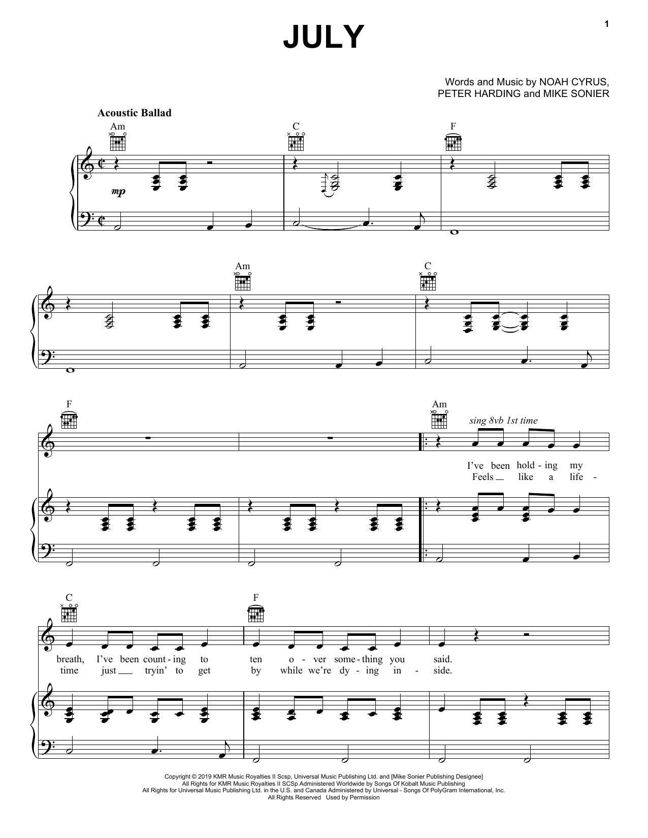 Download Noah Cyrus July Sheet Music and learn how to play Piano, Vocal & Guitar Chords (Right-Hand Melody) PDF digital score in minutes