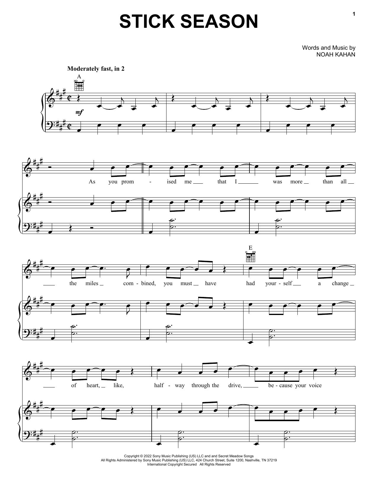 Download Noah Kahan Stick Season Sheet Music and learn how to play Guitar Lead Sheet PDF digital score in minutes