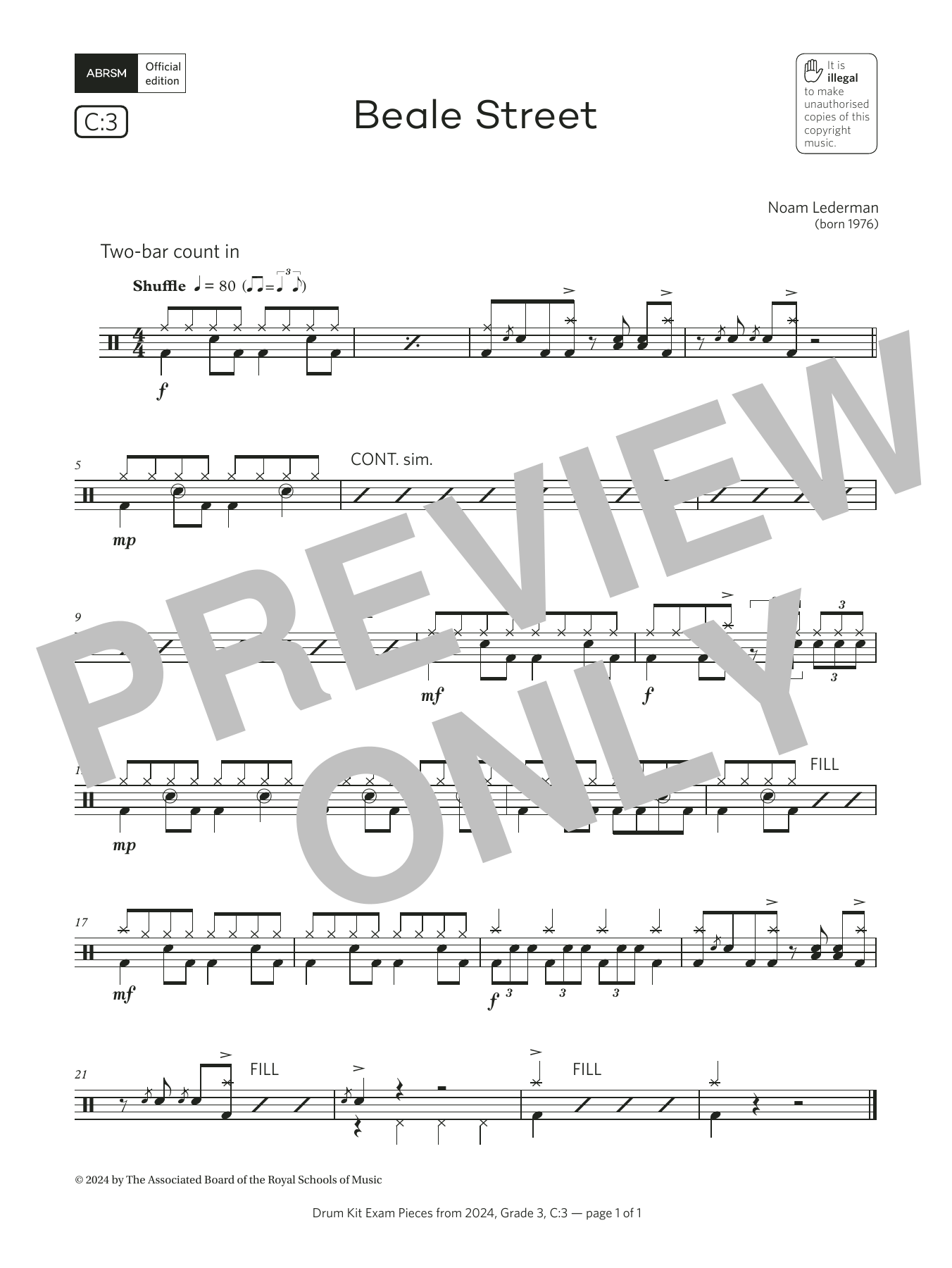 Download Noam Lederman Beale Street (Grade 3, list C3, from the ABRSM Drum Kit Syllabus 2024) Sheet Music and learn how to play Drums PDF digital score in minutes