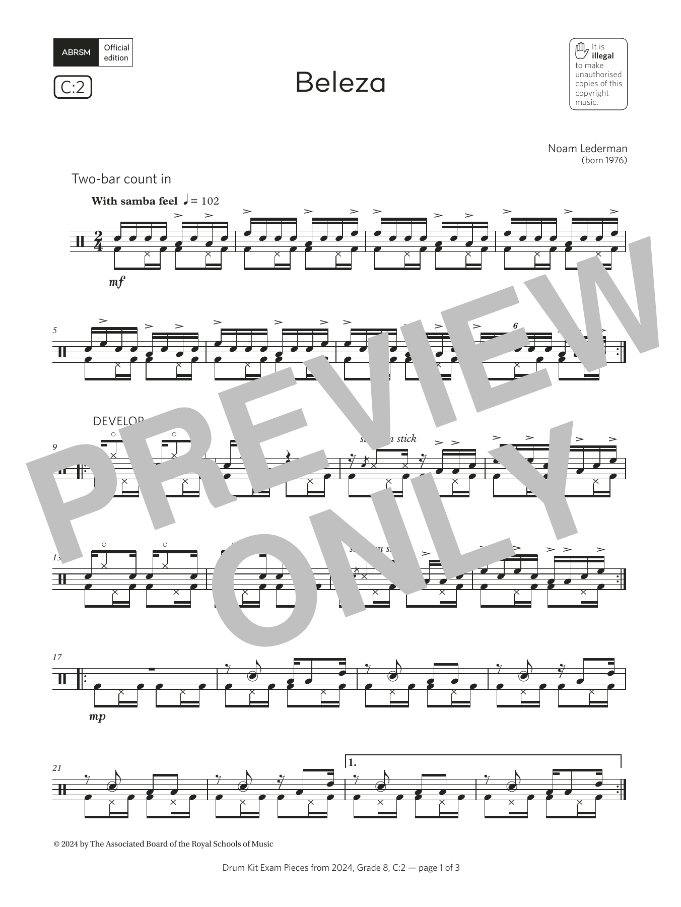 Download Noam Lederman Beleza (Grade 8, list C2, from the ABRSM Drum Kit Syllabus 2024) Sheet Music and learn how to play Drums PDF digital score in minutes