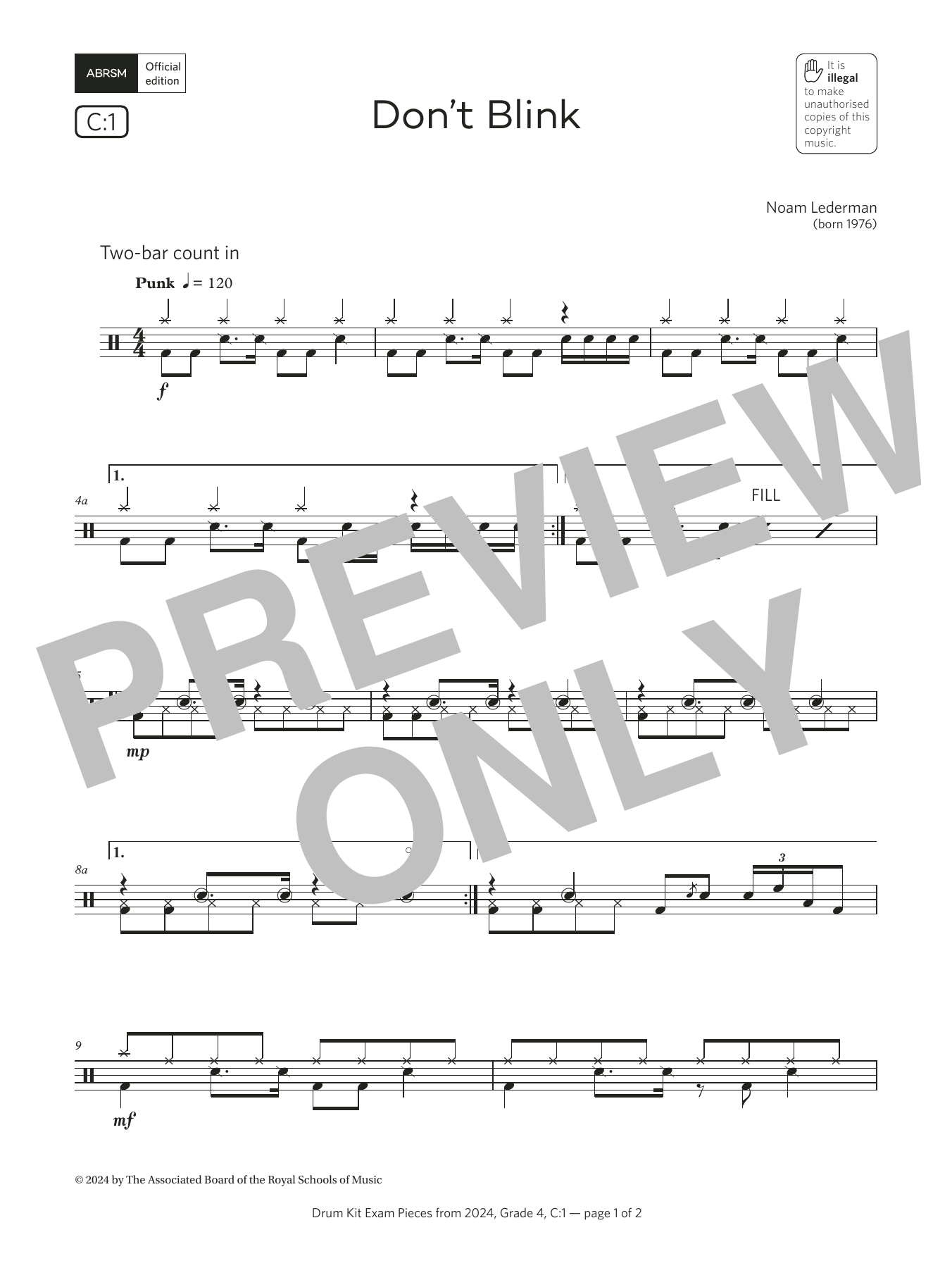 Download Noam Lederman Don't Blink (Grade 4, list C1, from the ABRSM Drum Kit Syllabus 2024) Sheet Music and learn how to play Drums PDF digital score in minutes