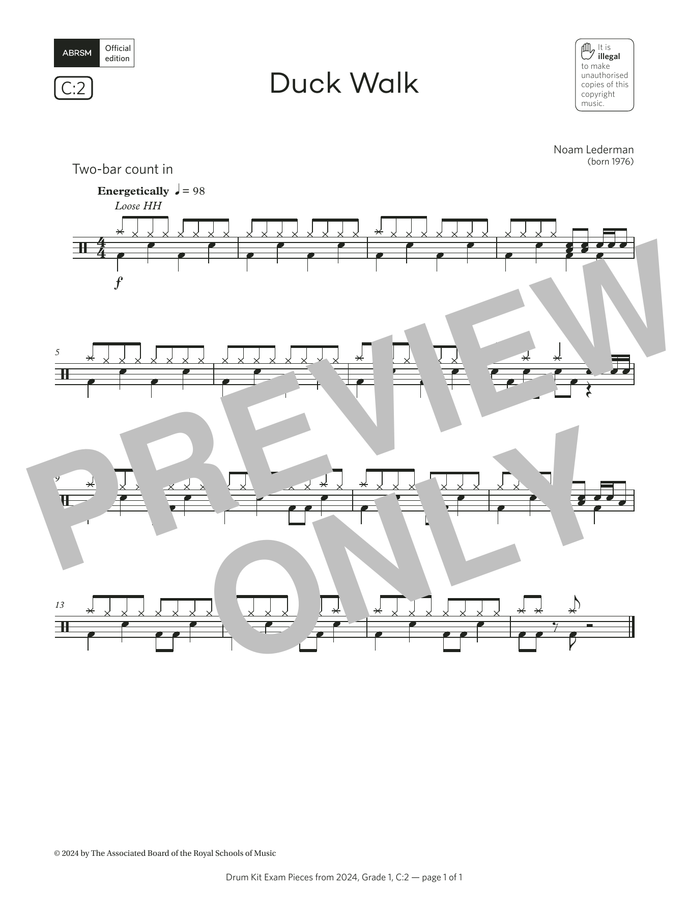 Download Noam Lederman Duck Walk (Grade 1, list C2, from the ABRSM Drum Kit Syllabus 2024) Sheet Music and learn how to play Drums PDF digital score in minutes
