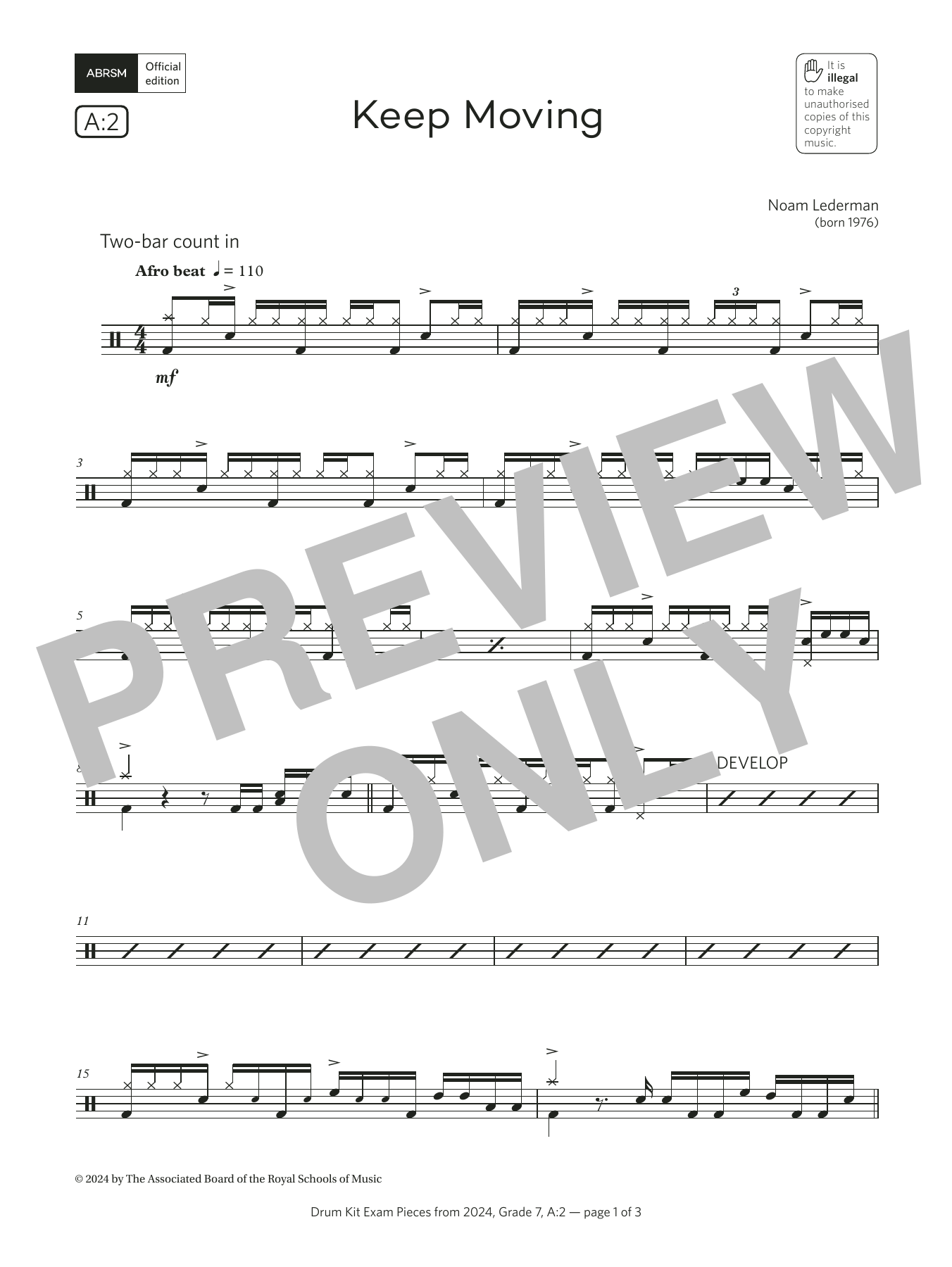Download Noam Lederman Keep Moving (Grade 7, list A2, from the ABRSM Drum Kit Syllabus 2024) Sheet Music and learn how to play Drums PDF digital score in minutes