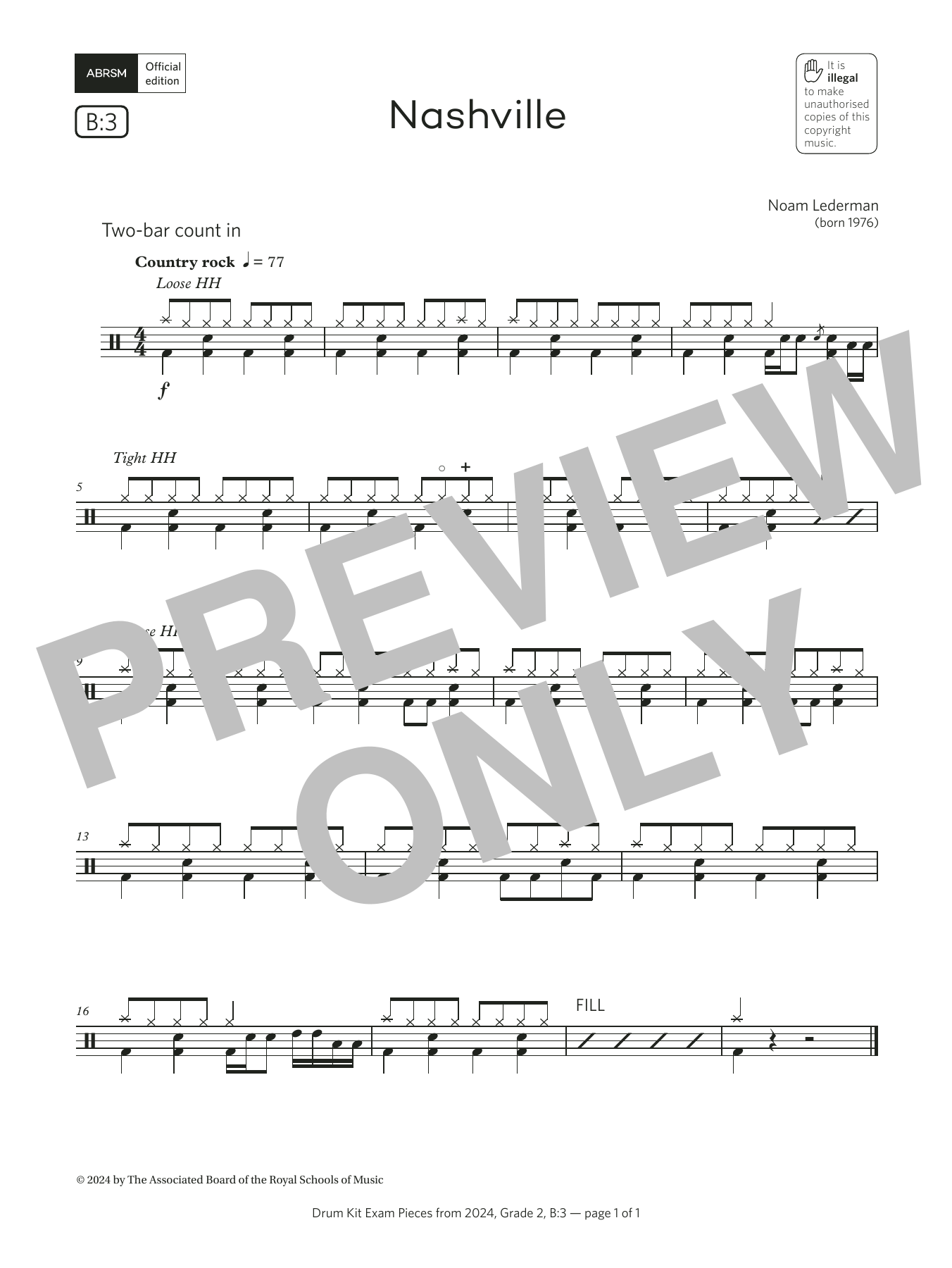 Download Noam Lederman Nashville (Grade 2, list B3, from the ABRSM Drum Kit Syllabus 2024) Sheet Music and learn how to play Drums PDF digital score in minutes