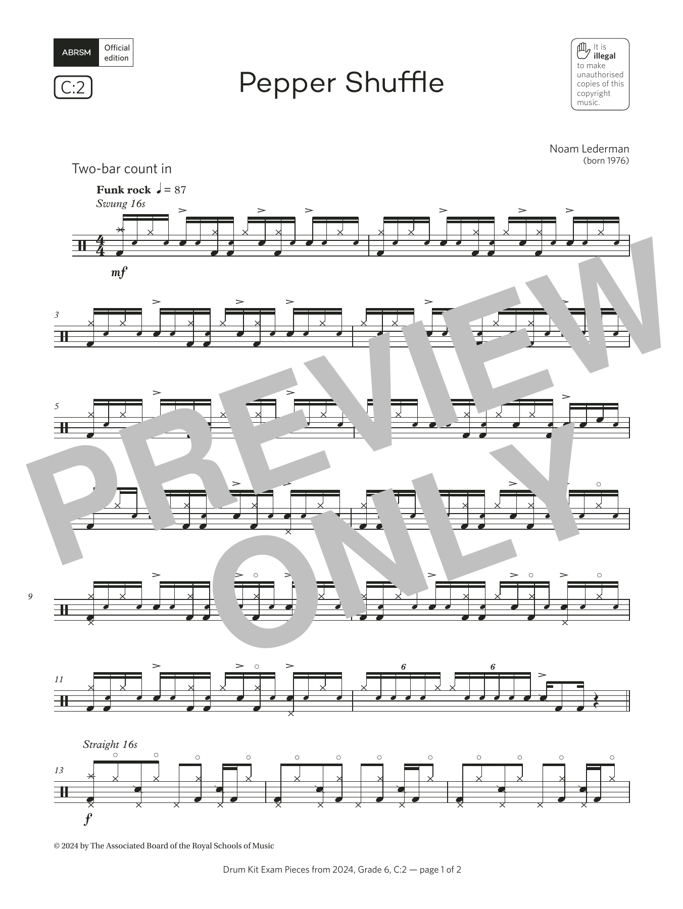 Download Noam Lederman Pepper Shuffle (Grade 6, list C2, from the ABRSM Drum Kit Syllabus 2024) Sheet Music and learn how to play Drums PDF digital score in minutes